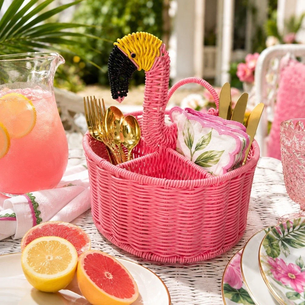 Tropical Pink Flamingo Wicker Basket Caddy Utensil Holder Organizer BBQ Kitchen